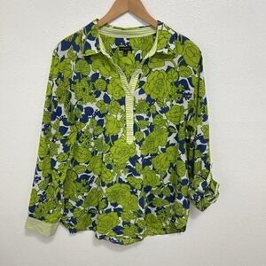TALBOTS Green Blue Floral  Popover Top Blouse Striped Trim BohoColorful Size XL